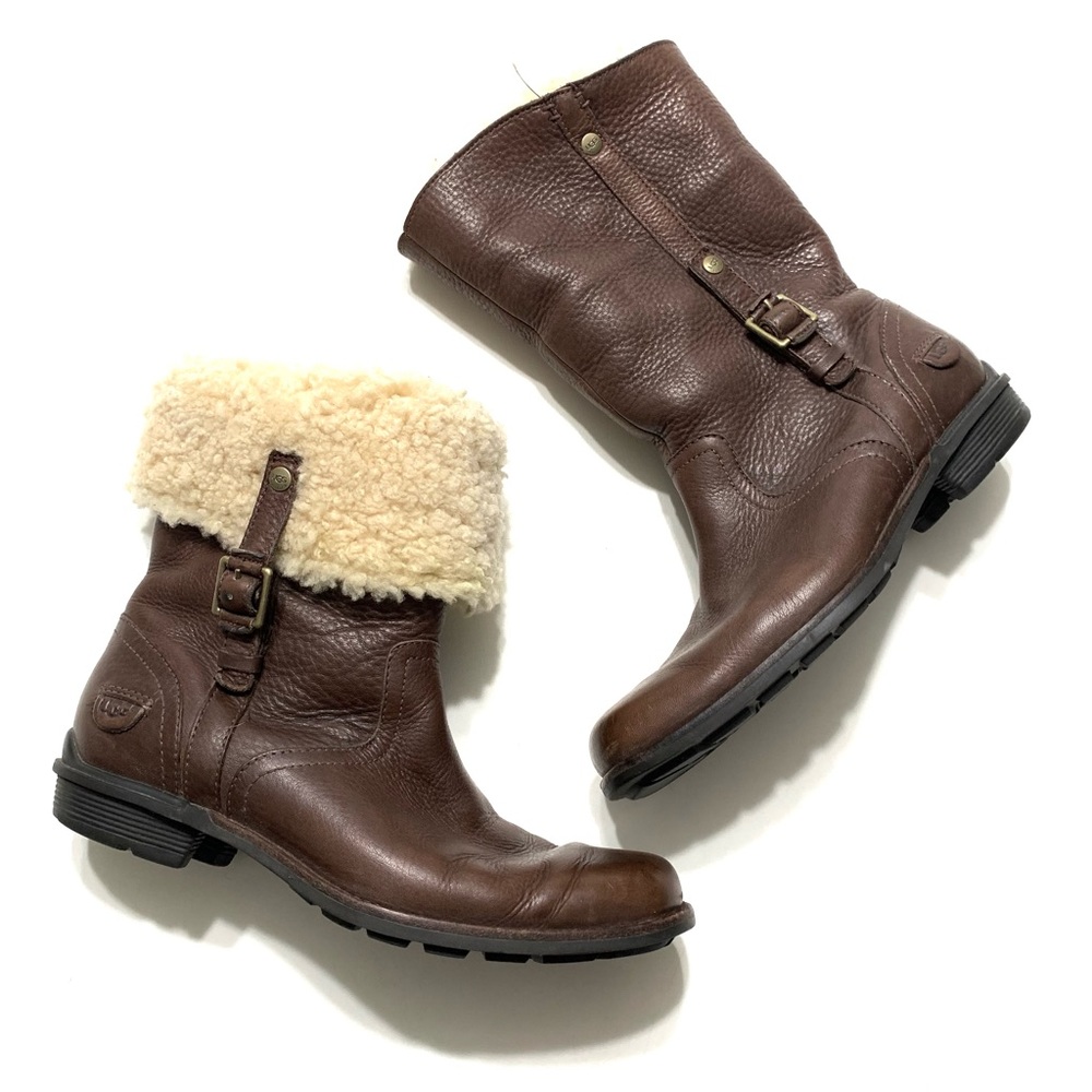 UGG Bellvue Brown Leather Sheepskin Shearling Lined Foldover Boot